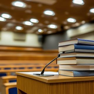 stack of books in empty courtroom