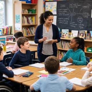 Diverse elementary school classroom with teacher interacting with students engaged in learning activities