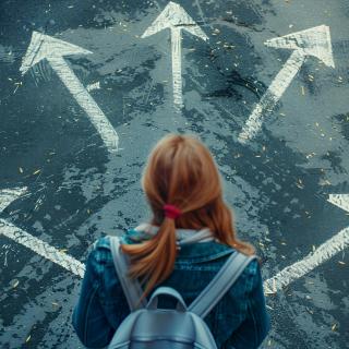 girl standing in front of arrows pointing in different directions on asphalt